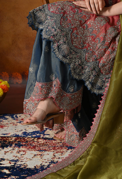 Rust Brown Sharara Set with Zardozi, Crystal, Applique & Thread Work.