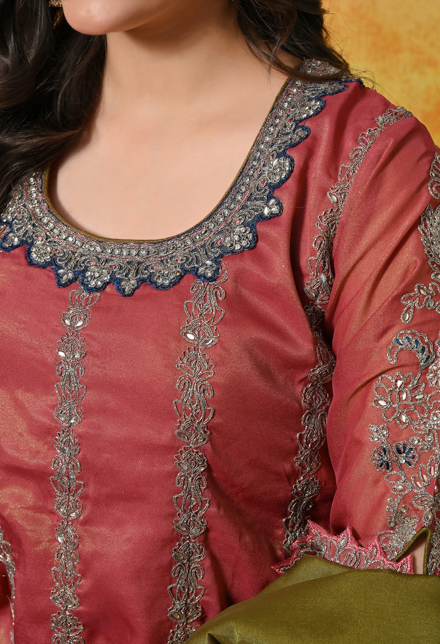 Rust Brown Sharara Set with Zardozi, Crystal, Applique & Thread Work.