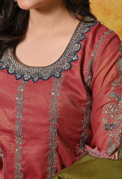 Rust Brown Sharara Set with Zardozi, Crystal, Applique & Thread Work.