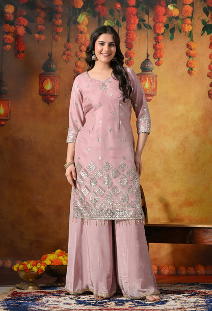 Blush Pink Sharara Set With Gotta, Crystal & Pearl Work