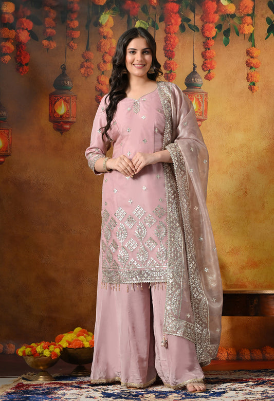 Blush Pink Sharara Set With Gotta, Crystal & Pearl Work