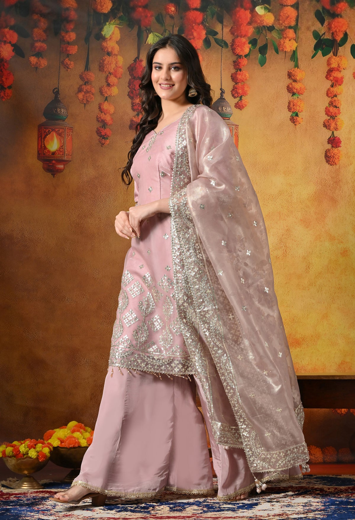 Blush Pink Sharara Set With Gotta, Crystal & Pearl Work