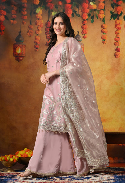 Blush Pink Sharara Set With Gotta, Crystal & Pearl Work