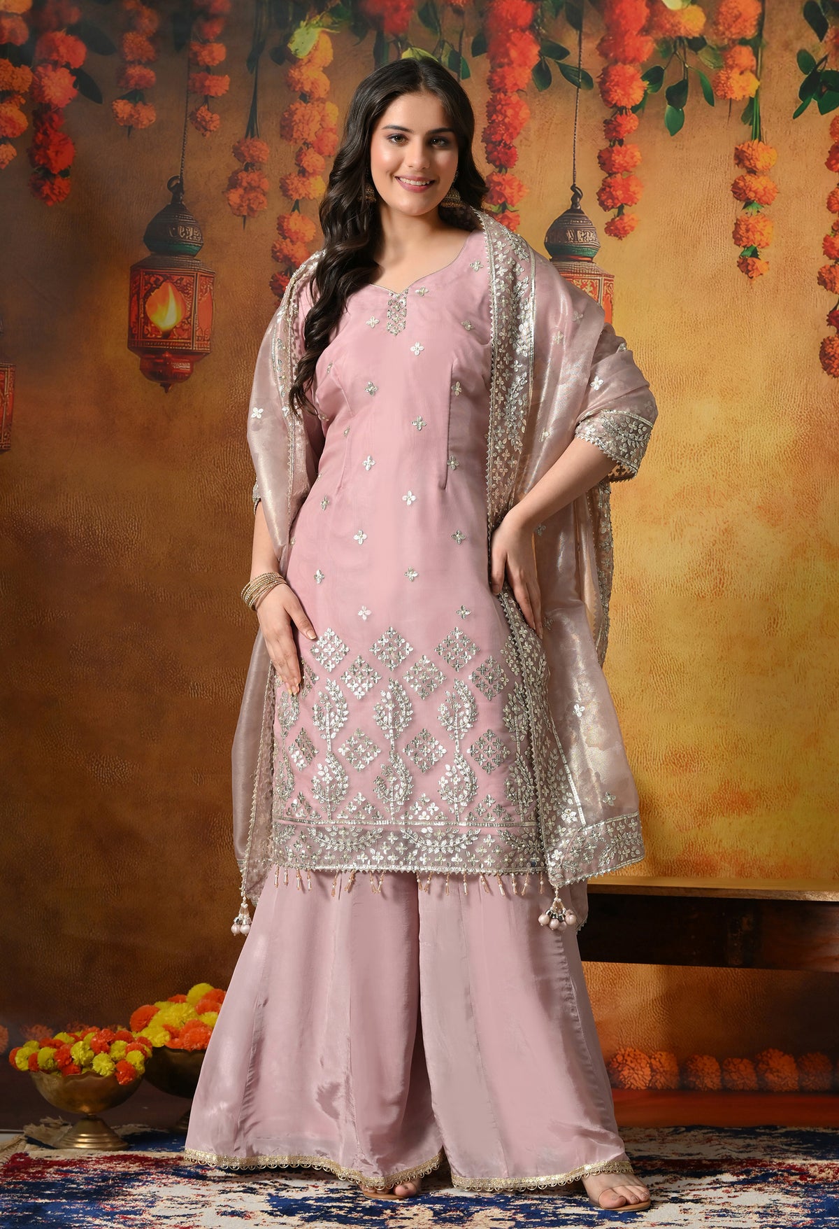 Blush Pink Sharara Set With Gotta, Crystal & Pearl Work