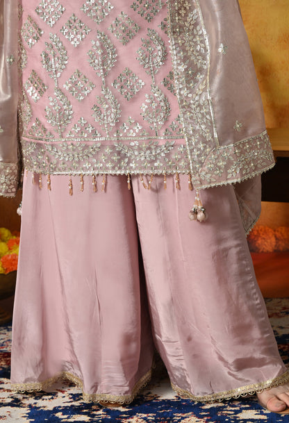Blush Pink Sharara Set With Gotta, Crystal & Pearl Work