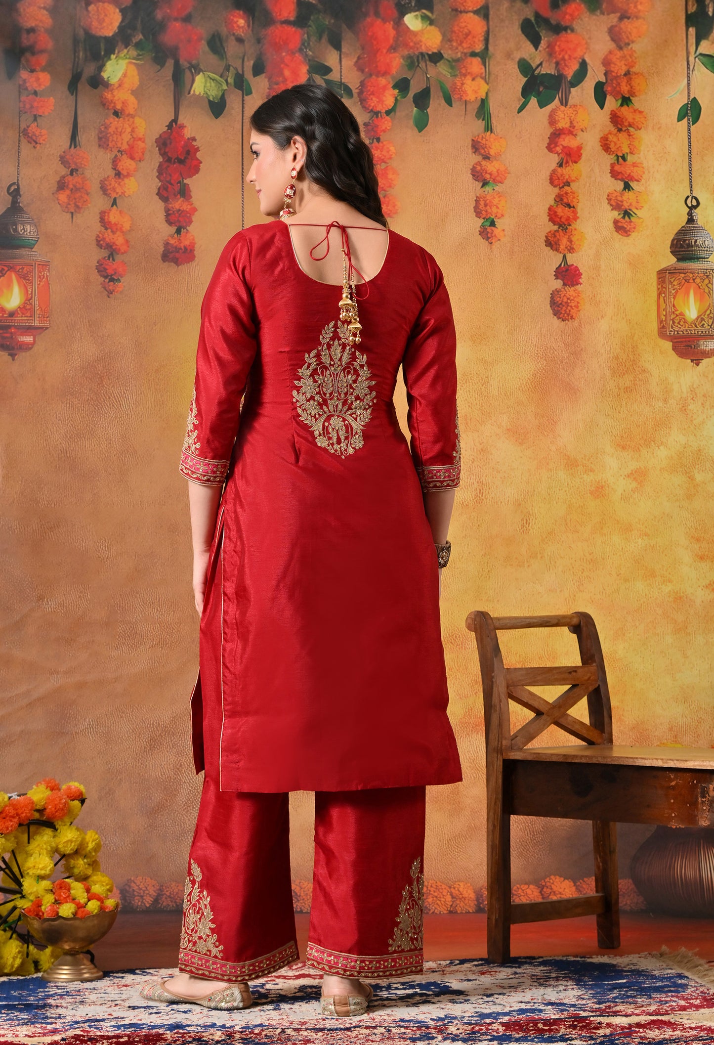 Deep Maroon Silk Kurta Set with Thread and Sequin Embroidery
