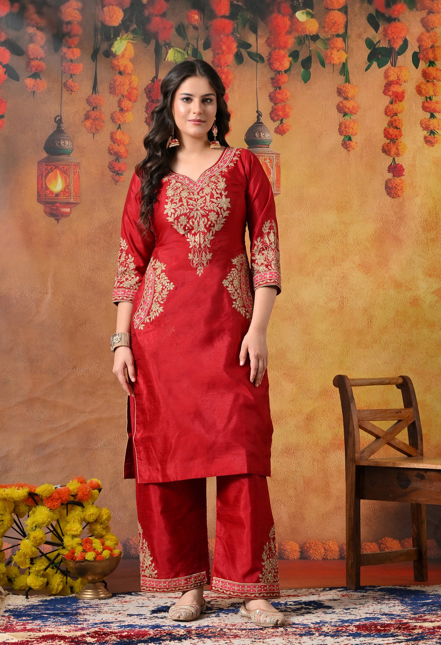 Deep Maroon Silk Kurta Set with Thread and Sequin Embroidery