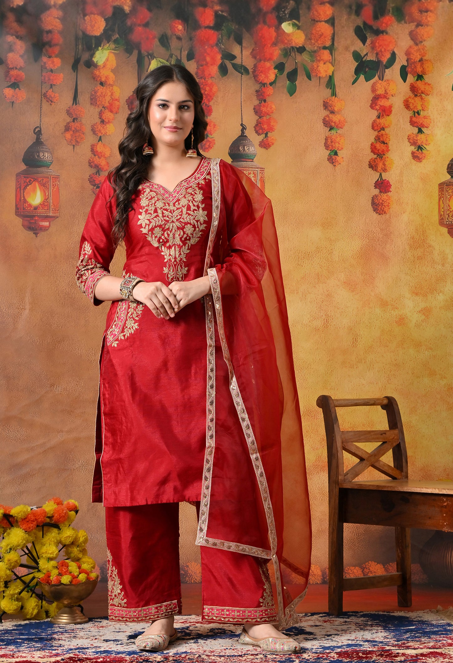 Deep Maroon Silk Kurta Set with Thread and Sequin Embroidery
