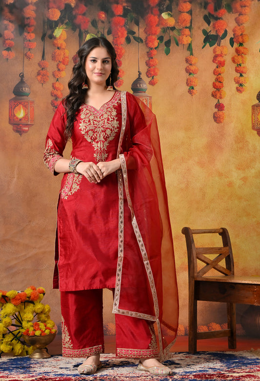 Deep Maroon Silk Kurta Set with Thread and Sequin Embroidery