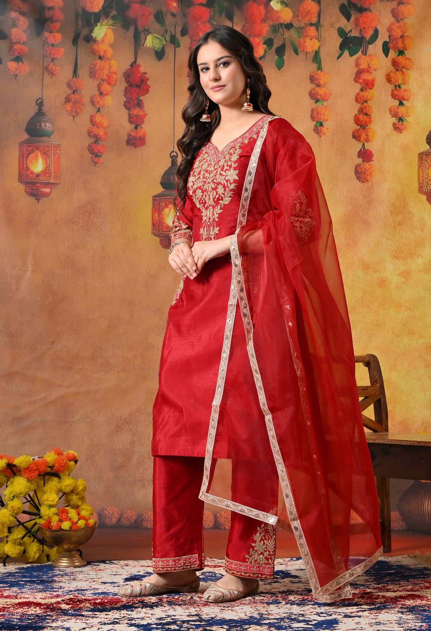 Deep Maroon Silk Kurta Set with Thread and Sequin Embroidery