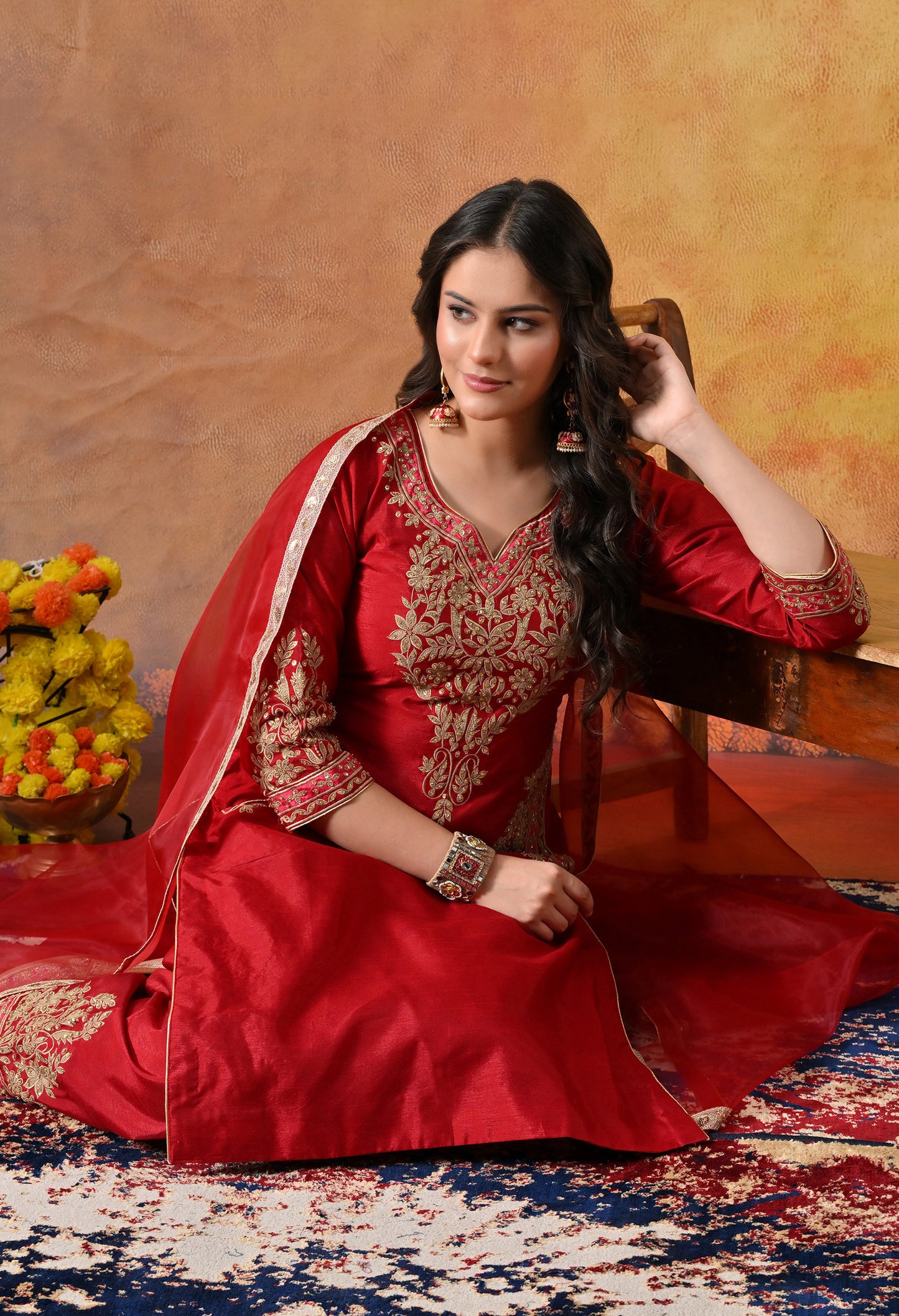Deep Maroon Silk Kurta Set with Thread and Sequin Embroidery