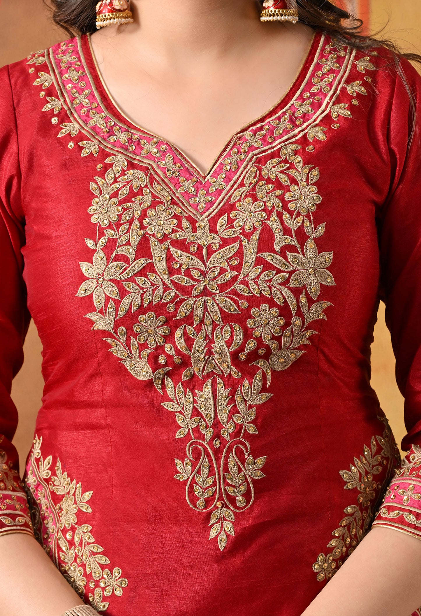 Deep Maroon Silk Kurta Set with Thread and Sequin Embroidery