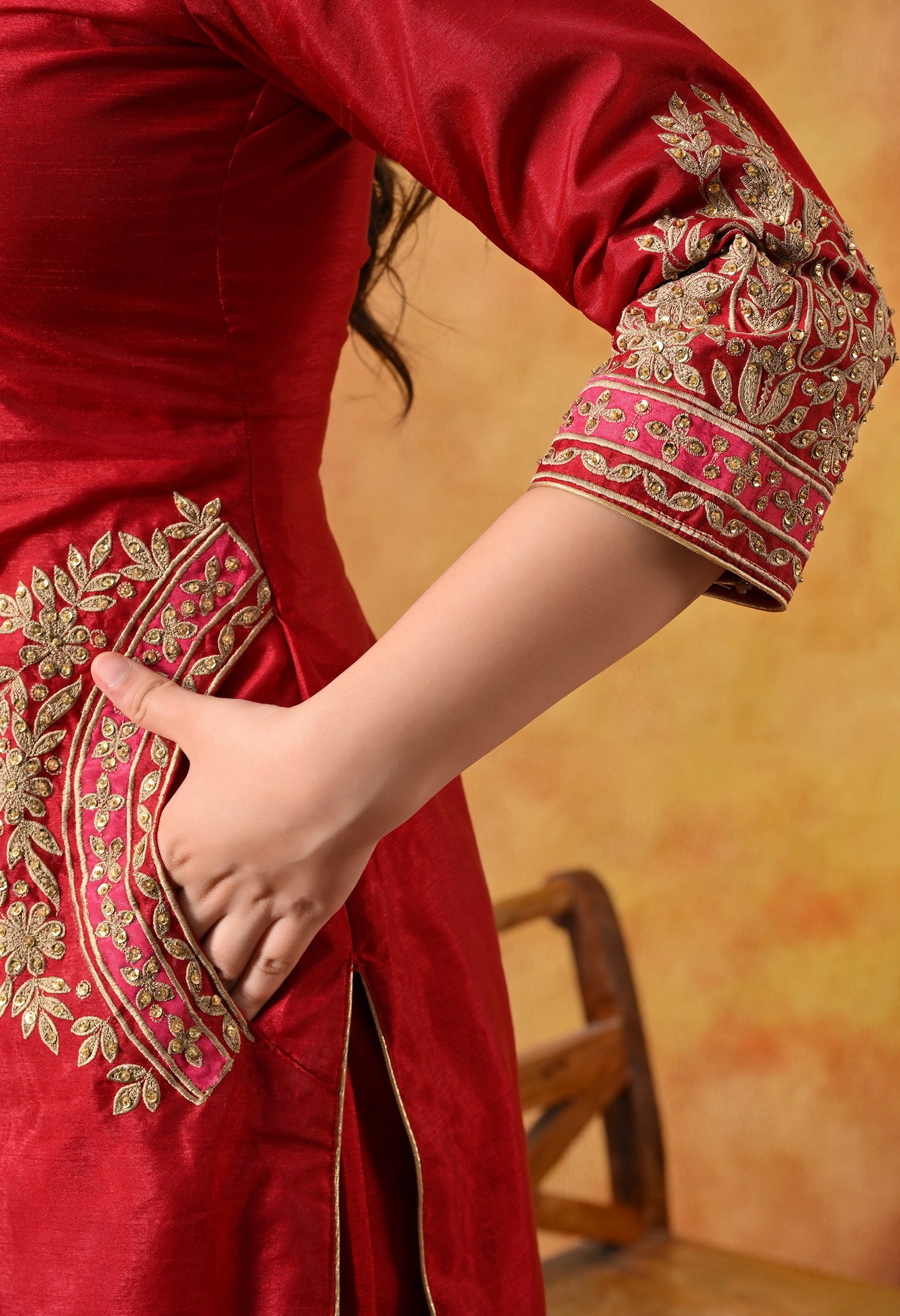 Deep Maroon Silk Kurta Set with Thread and Sequin Embroidery