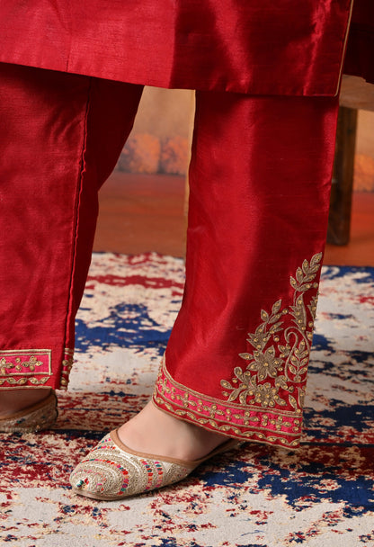 Deep Maroon Silk Kurta Set with Thread and Sequin Embroidery