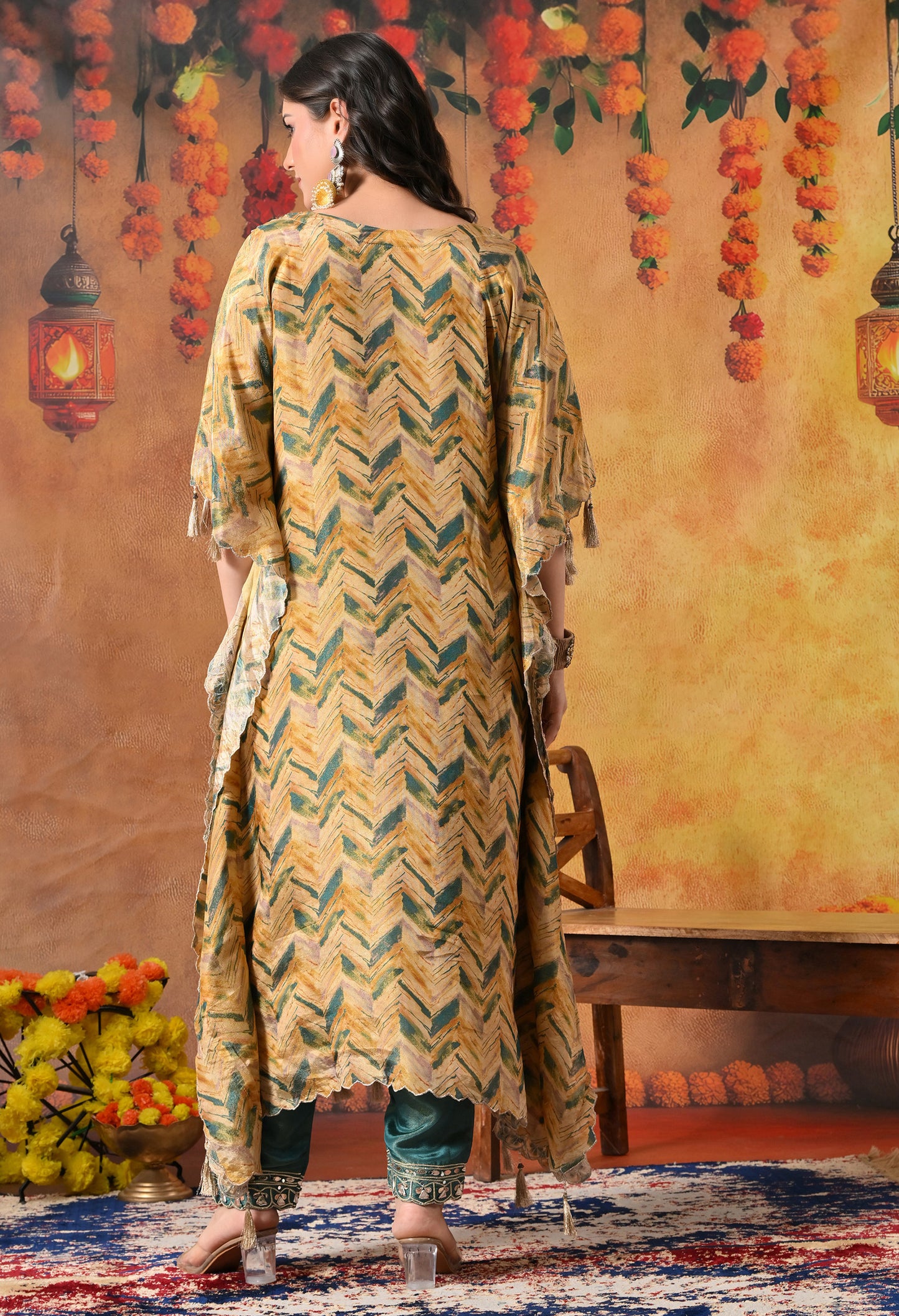 Lavish Yellow and Green Kaftan Set with Gotta, Zardozi, and Mirror Work