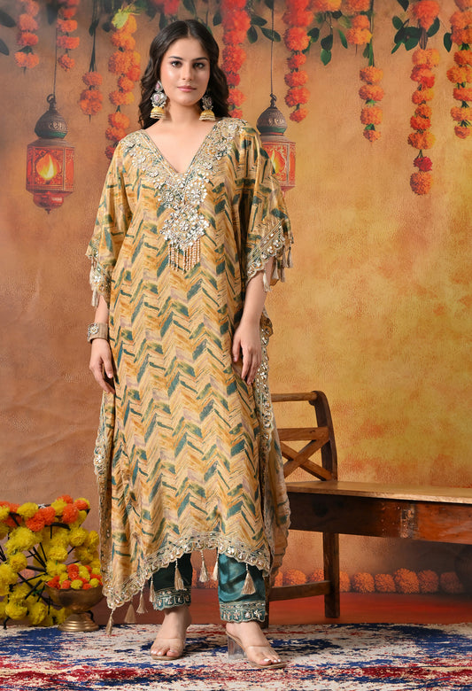 Lavish Yellow and Green Kaftan Set with Gotta, Zardozi, and Mirror Work