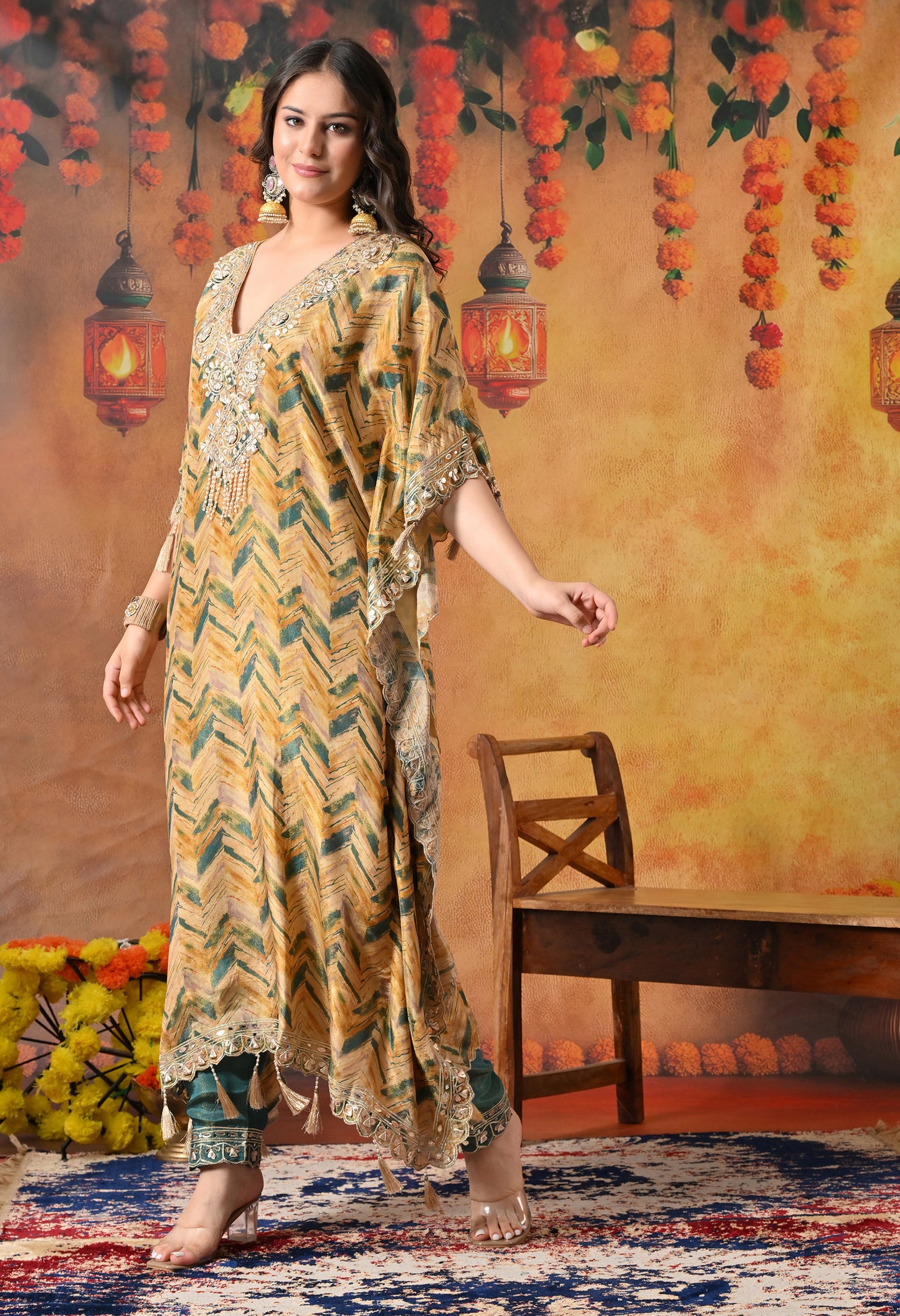 Lavish Yellow and Green Kaftan Set with Gotta, Zardozi, and Mirror Work