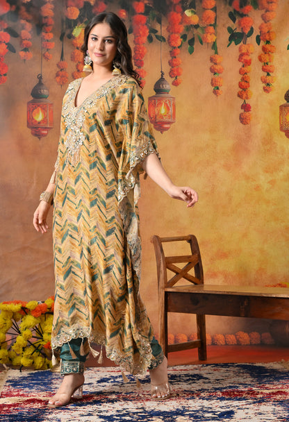 Lavish Yellow and Green Kaftan Set with Gotta, Zardozi, and Mirror Work