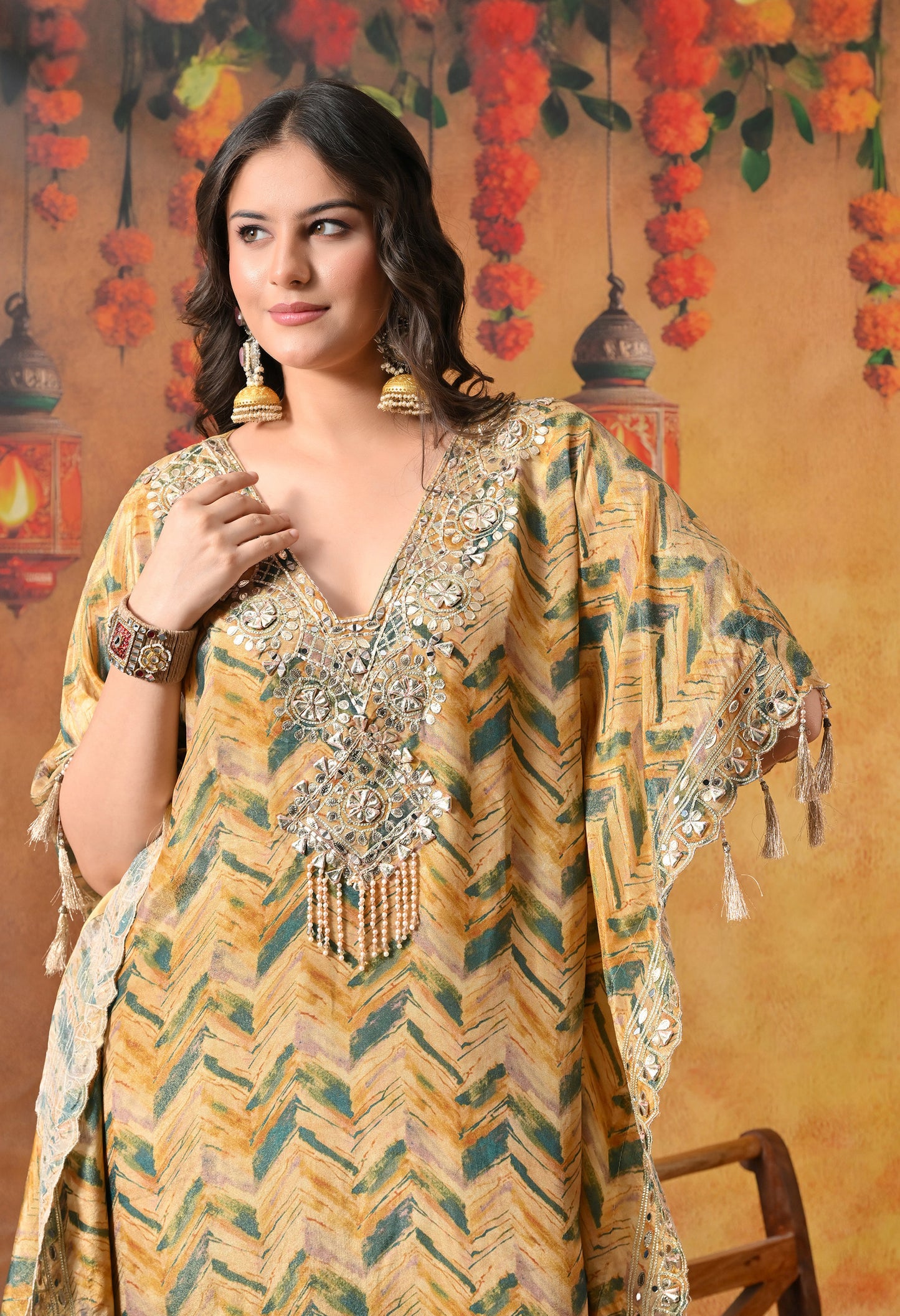 Lavish Yellow and Green Kaftan Set with Gotta, Zardozi, and Mirror Work