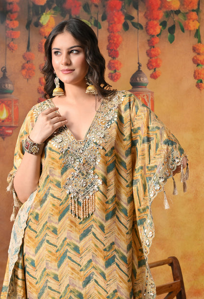 Lavish Yellow and Green Kaftan Set with Gotta, Zardozi, and Mirror Work