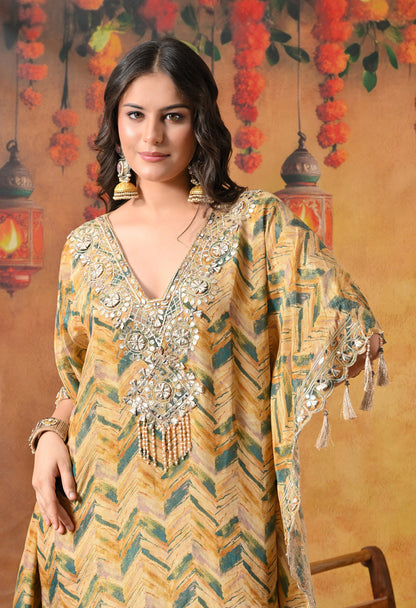 Lavish Yellow and Green Kaftan Set with Gotta, Zardozi, and Mirror Work