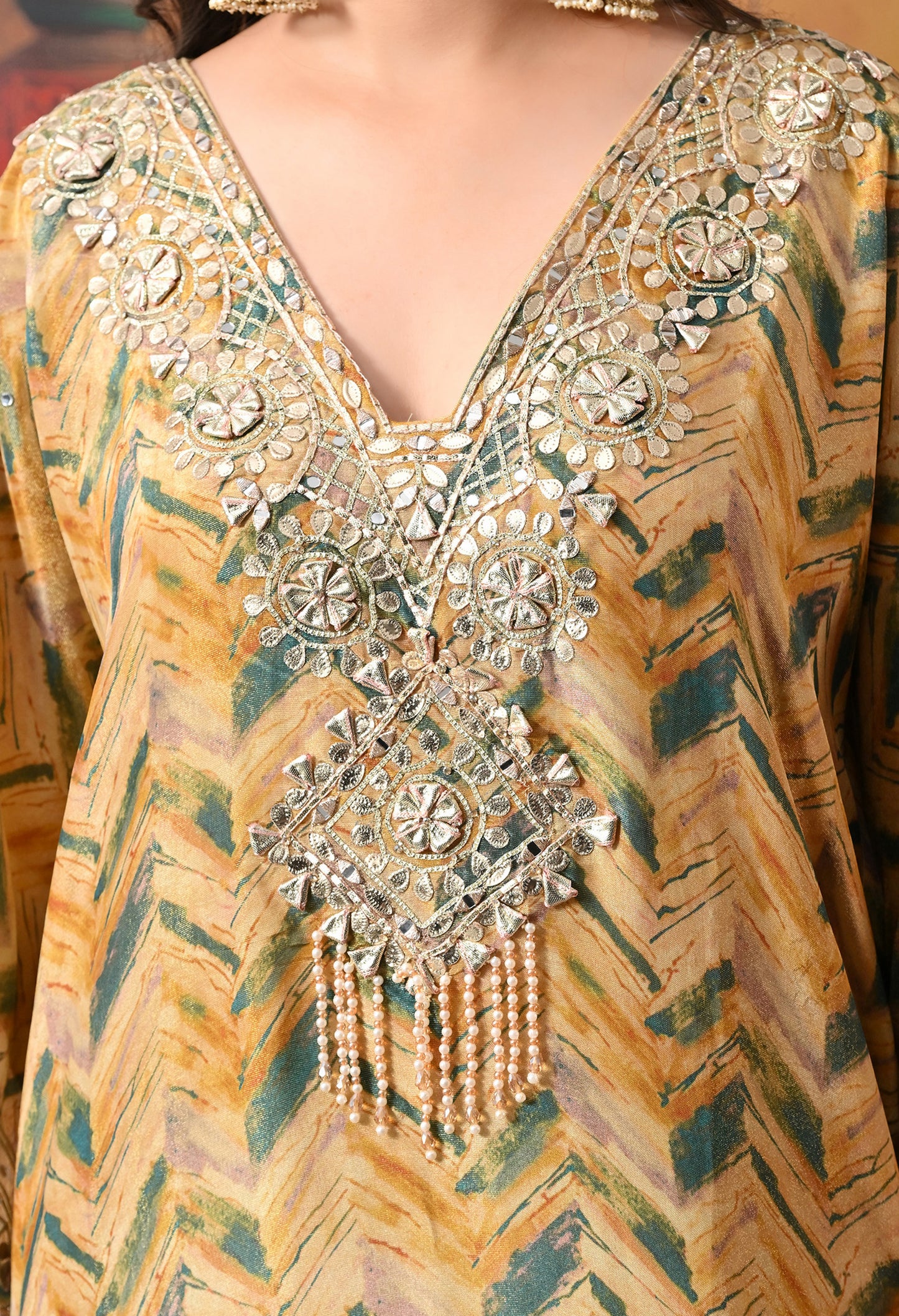 Lavish Yellow and Green Kaftan Set with Gotta, Zardozi, and Mirror Work