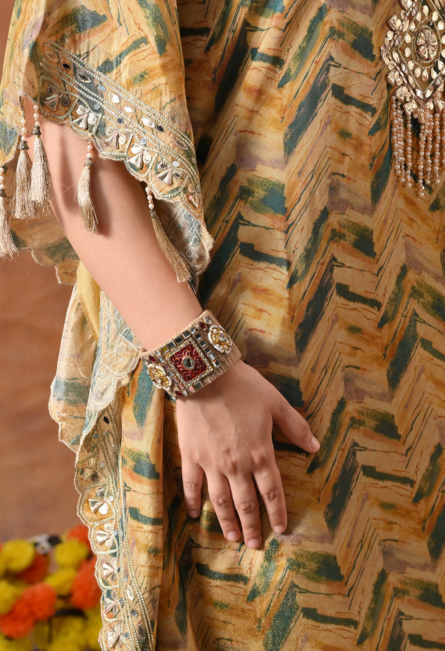 Lavish Yellow and Green Kaftan Set with Gotta, Zardozi, and Mirror Work