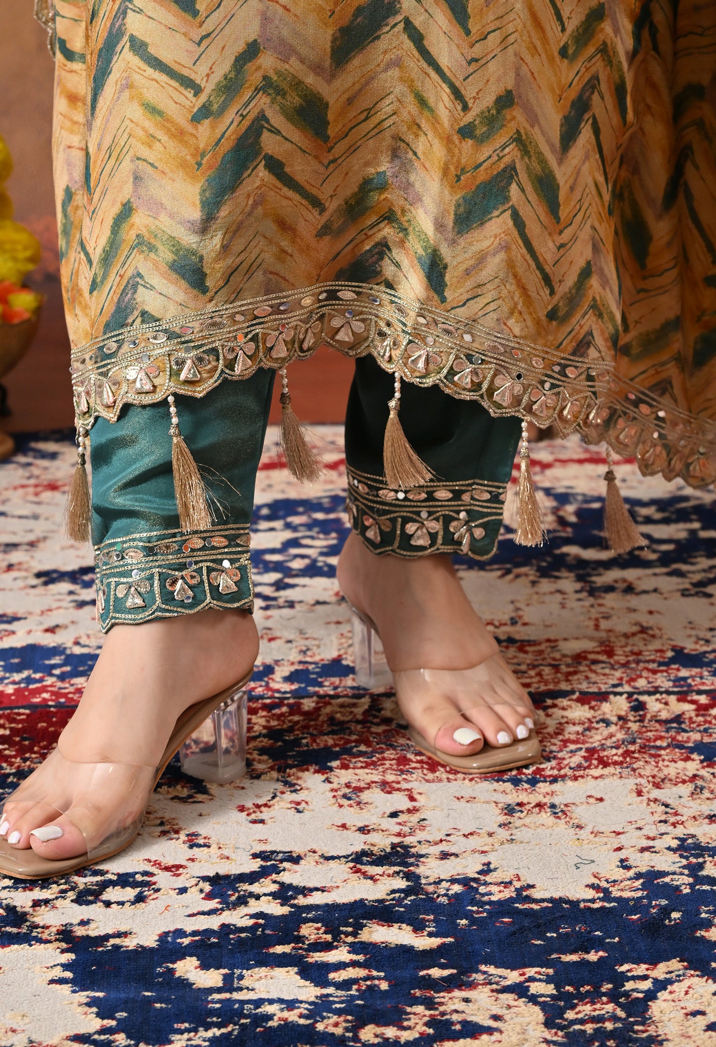 Lavish Yellow and Green Kaftan Set with Gotta, Zardozi, and Mirror Work