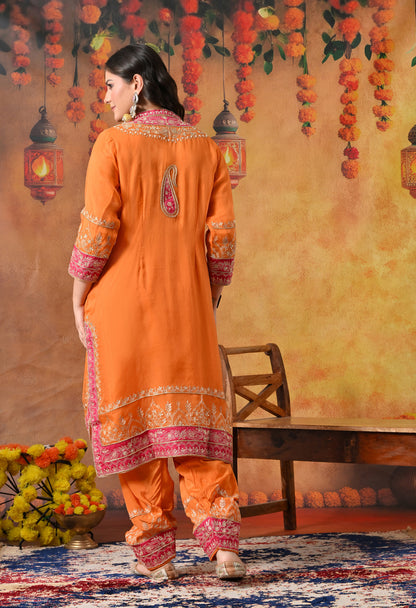 Vibrant Orange Kurta Set with Exquisite Zardozi Embroidery