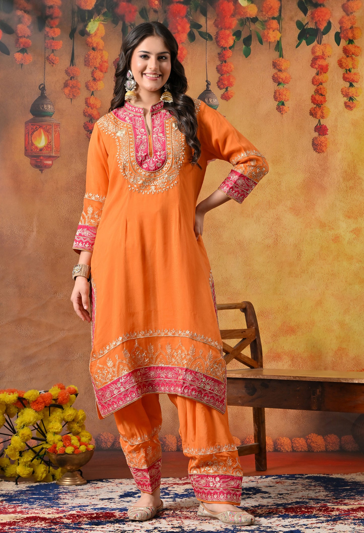 Vibrant Orange Kurta Set with Exquisite Zardozi Embroidery