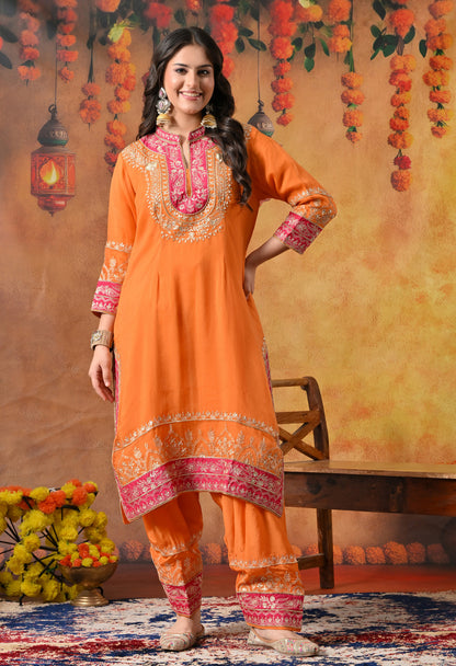Vibrant Orange Kurta Set with Exquisite Zardozi Embroidery