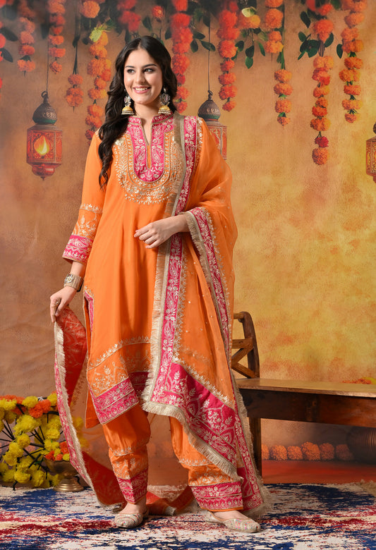 Vibrant Orange Kurta Set with Exquisite Zardozi Embroidery