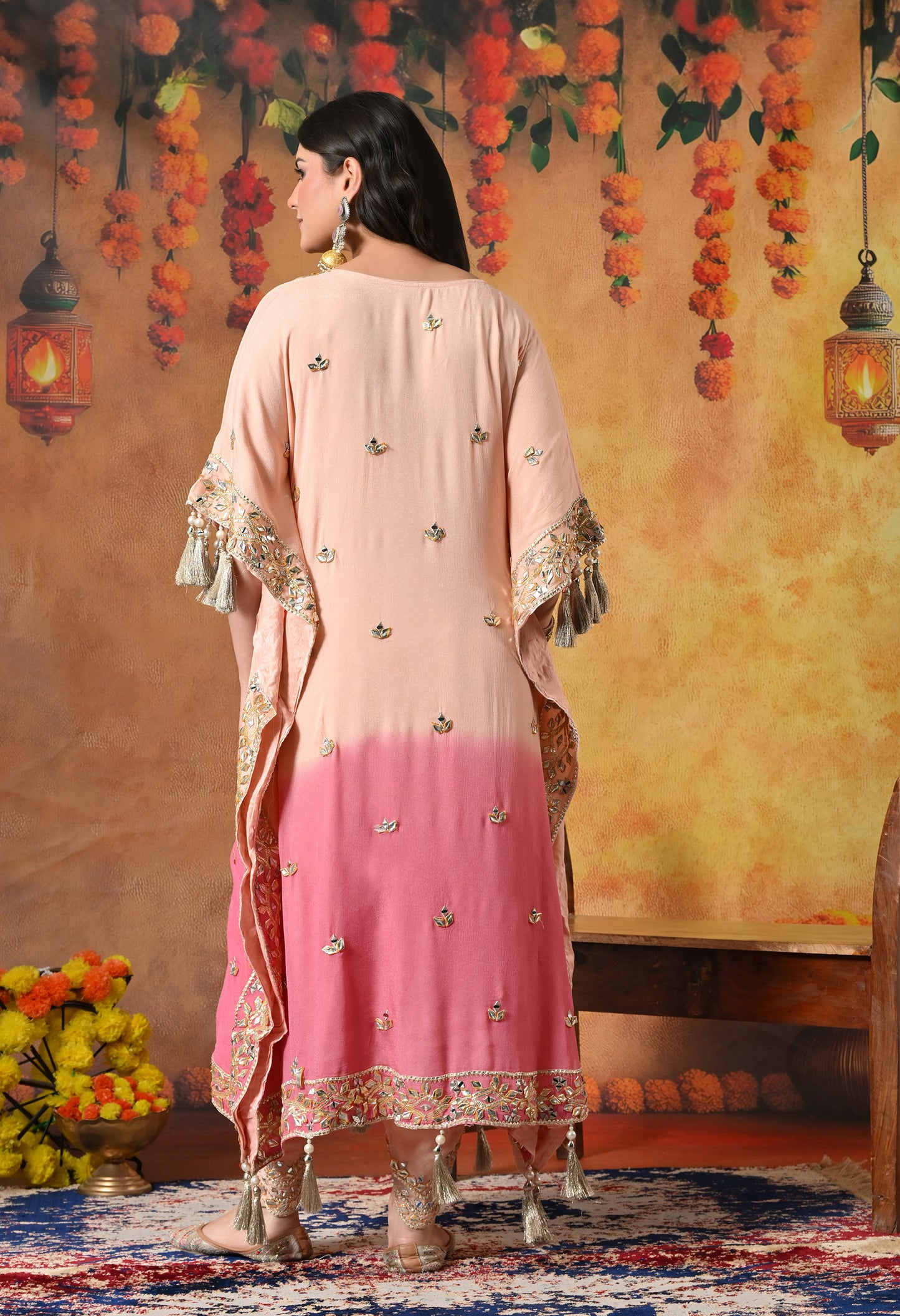 Stylish Pink Kaftan Set with Gotta, Zardozi, and Mirror Work