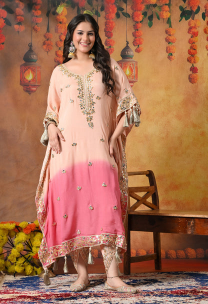 Stylish Pink Kaftan Set with Gotta, Zardozi, and Mirror Work