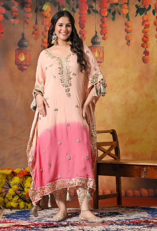 Stylish Pink Kaftan Set with Gotta, Zardozi, and Mirror Work