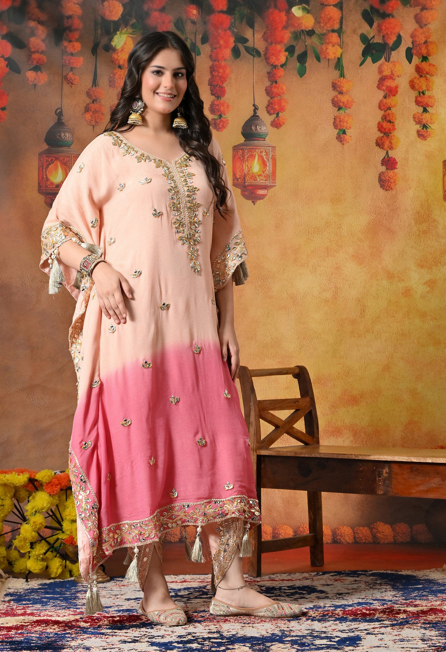 Stylish Pink Kaftan Set with Gotta, Zardozi, and Mirror Work