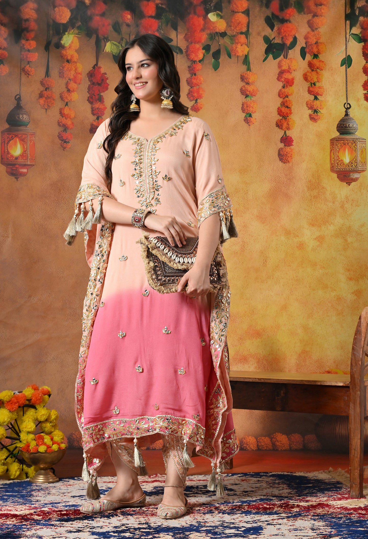 Stylish Pink Kaftan Set with Gotta, Zardozi, and Mirror Work