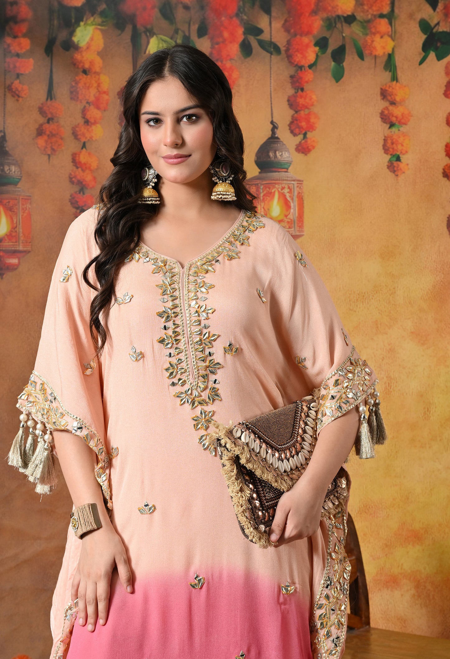 Stylish Pink Kaftan Set with Gotta, Zardozi, and Mirror Work