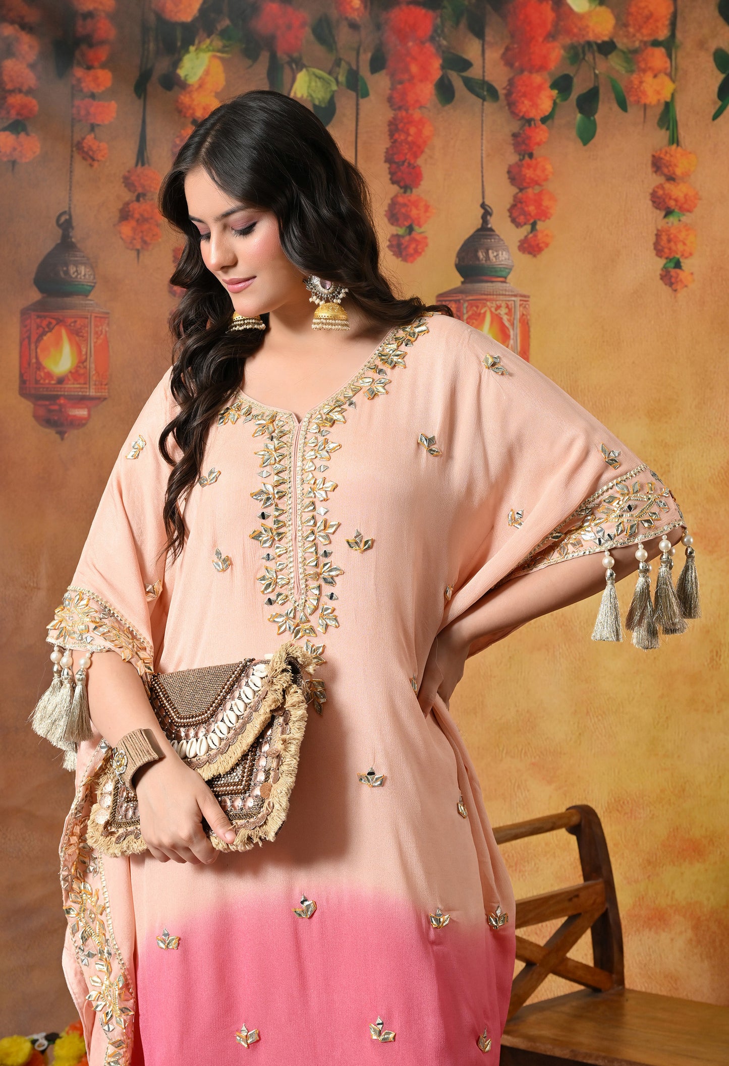 Stylish Pink Kaftan Set with Gotta, Zardozi, and Mirror Work