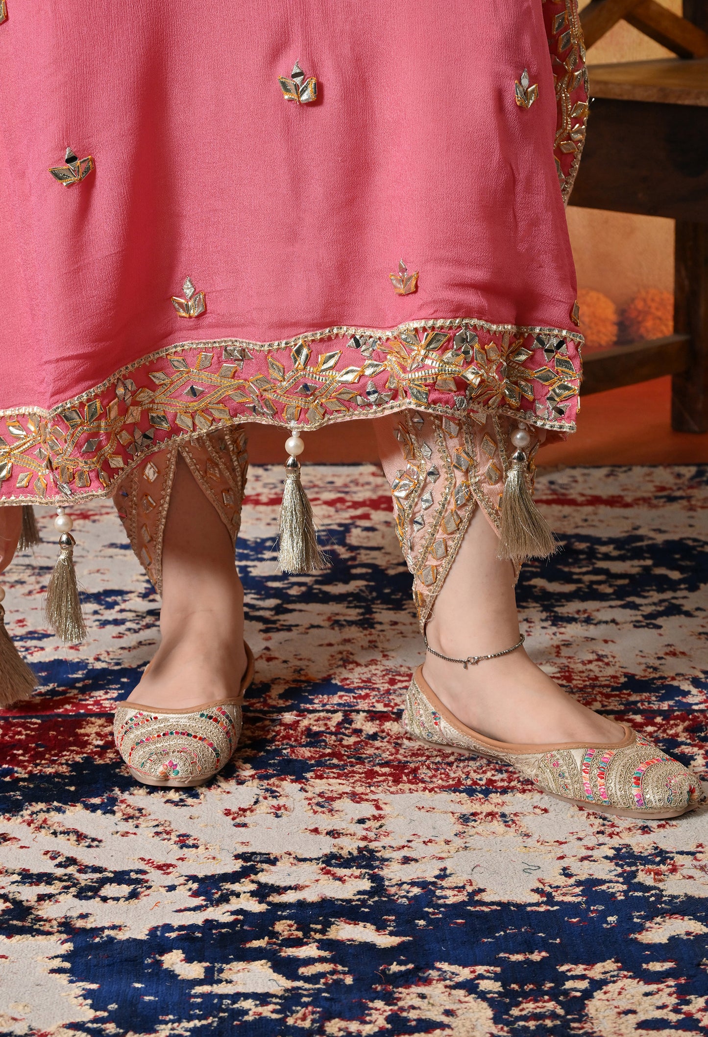 Stylish Pink Kaftan Set with Gotta, Zardozi, and Mirror Work