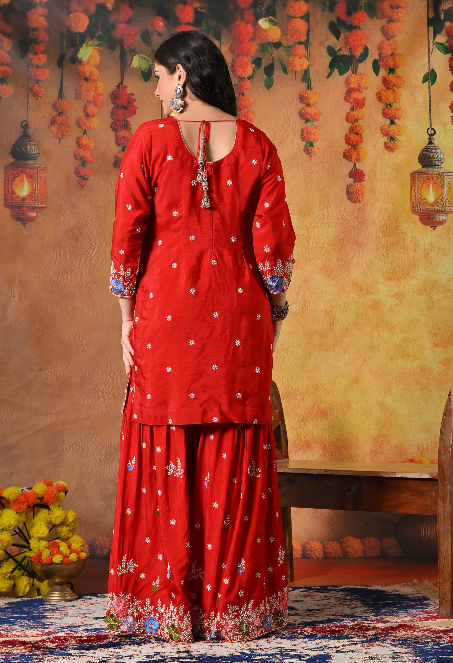 Vibrant Red Silk Gharara Set with Zardozi Embroidery, Thread, and Pearl Work