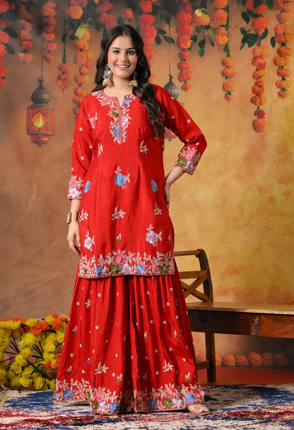 Vibrant Red Silk Gharara Set with Zardozi Embroidery, Thread, and Pearl Work