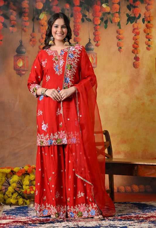Vibrant Red Silk Gharara Set with Zardozi Embroidery, Thread, and Pearl Work