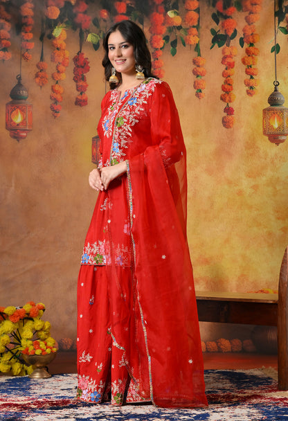 Vibrant Red Silk Gharara Set with Zardozi Embroidery, Thread, and Pearl Work