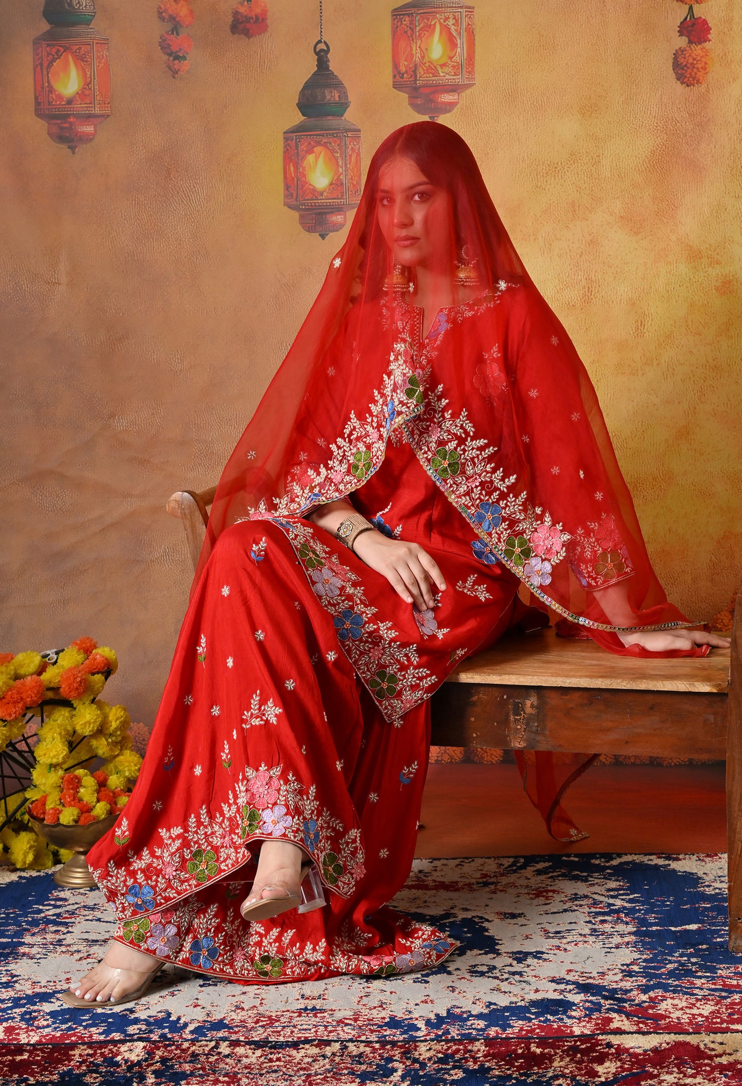 Vibrant Red Silk Gharara Set with Zardozi Embroidery, Thread, and Pearl Work
