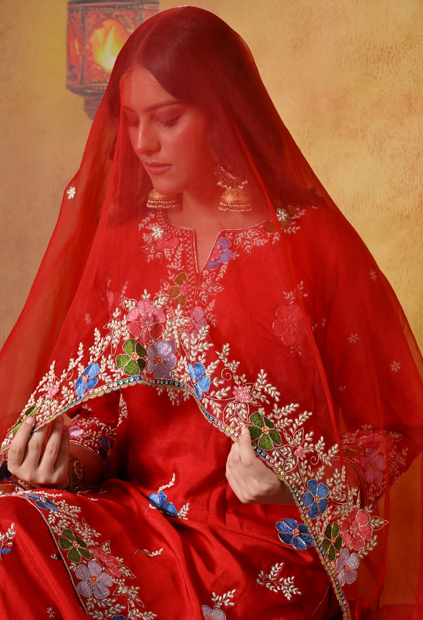 Vibrant Red Silk Gharara Set with Zardozi Embroidery, Thread, and Pearl Work