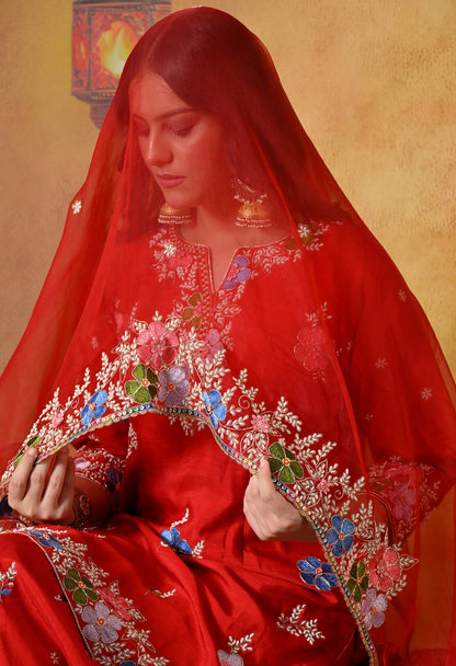 Vibrant Red Silk Gharara Set with Zardozi Embroidery, Thread, and Pearl Work