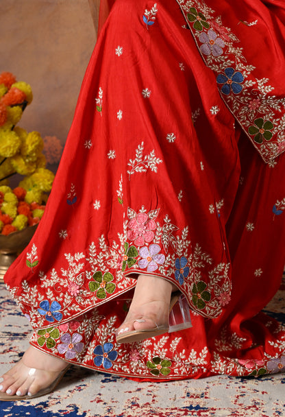 Vibrant Red Silk Gharara Set with Zardozi Embroidery, Thread, and Pearl Work