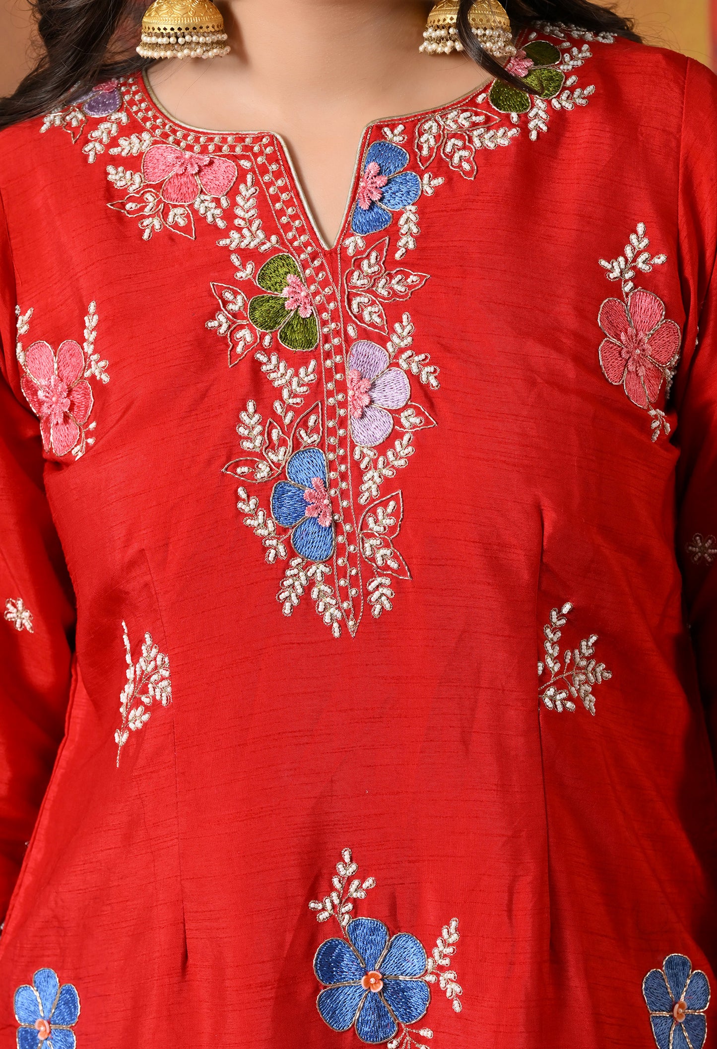 Vibrant Red Silk Gharara Set with Zardozi Embroidery, Thread, and Pearl Work
