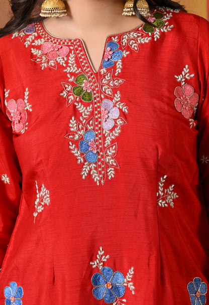 Vibrant Red Silk Gharara Set with Zardozi Embroidery, Thread, and Pearl Work